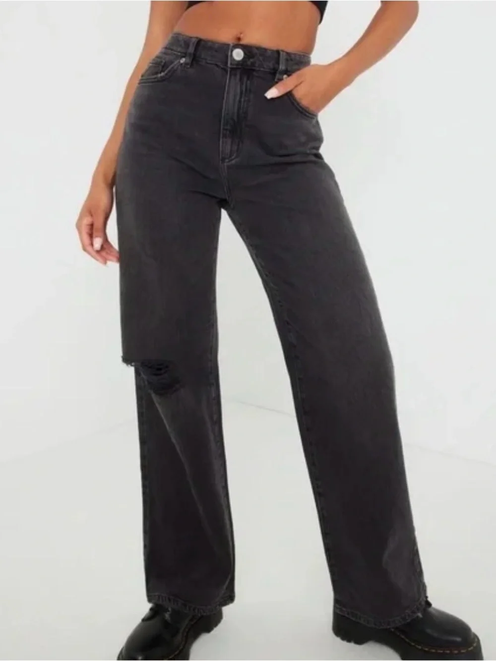 Garage Black High-Waist Wide-Leg Jeans with Knee Distress